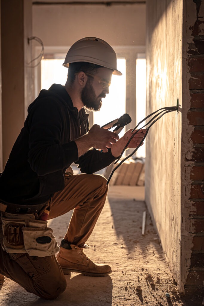 worker is cutting wires with lineman's pliers.